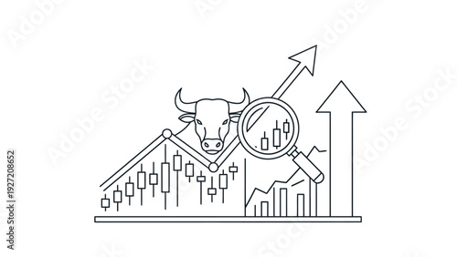 Bull Market Trend and Financial Analysis with Magnifying Glass and Charts