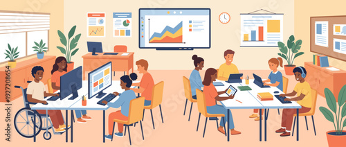 Modern Inclusive Classroom Illustration with Diverse Students Using Assistive Technology, Computers, and Tablets. Collaborative Learning Environment with Wheelchair Accessibility and Digital Tools.