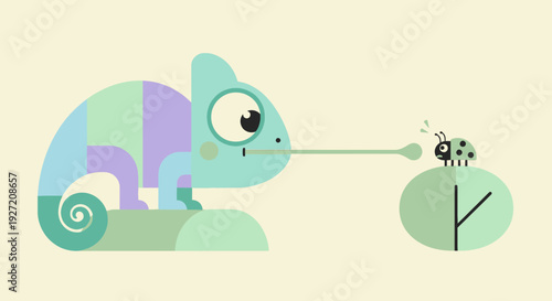 Cartoon chameleon catching ladybug on green leaf with long tongue vector flat illustration in pastel shades for children's content