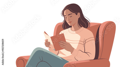 A woman absorbed in reading a book while sitting on a comfy armchair.