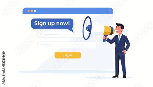 Businessman with Megaphone Promoting User Registration and Login Concept. Illustration of a Professional Man Encouraging People to Sign Up for an Online Account or Service via Web Browser UI.