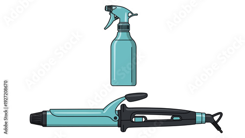 Hair styling tools: curling iron and spray bottle