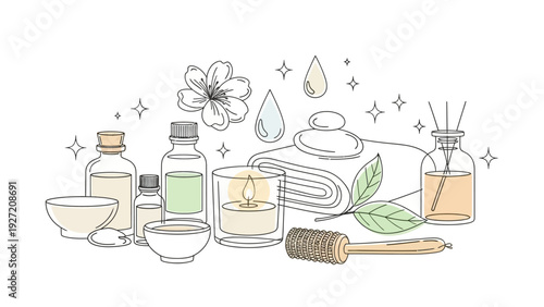Spa and beauty essentials for aromatherapy relaxation and self-care.