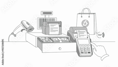 Illustration of retail point of sale system with payment options