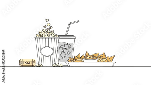 Popcorn, soda, nachos, and a ticket ready for a fun movie night.