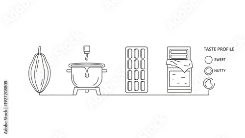 Chocolate production process illustration with cocoa bean and taste profile stages