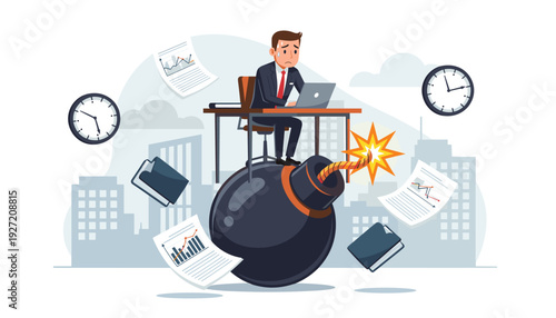 Stressed businessman working on a laptop at a desk balanced on top of a giant ticking bomb with a lit fuse, representing extreme work pressure, tight deadlines, business crisis, and time management.