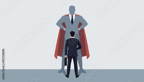 Businessman standing with superhero shadow on wall, concept of business success, leadership, ambition, and hidden potential, professional male in suit with cape shadow, career growth vector.