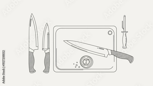 Kitchen knives and cutting board with tomato slice, line art illustration