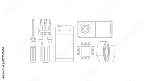 Line art illustration of electronic repair tools and components.
