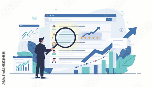 Businessman analyzing search engine optimization SEO ranking data with magnifying glass on digital screen, marketing strategy, website performance analytics, business growth and data visualization