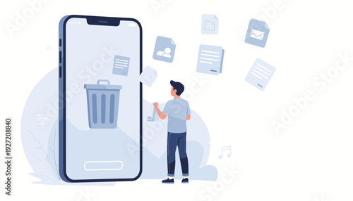Digital Data Management Concept Featuring a Man Cleaning a Smartphone by Removing Unnecessary Files, Folders, and Documents into a Trash Bin to Optimize Storage Space and Mobile Performance