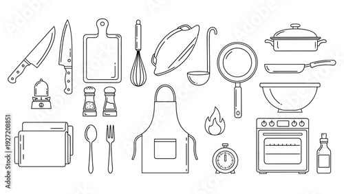 Collection of kitchen cooking utensils and tools