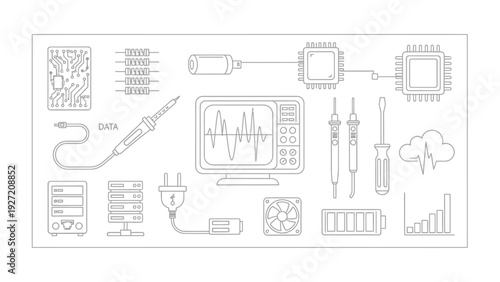 Collection of electronic components and repair tools.