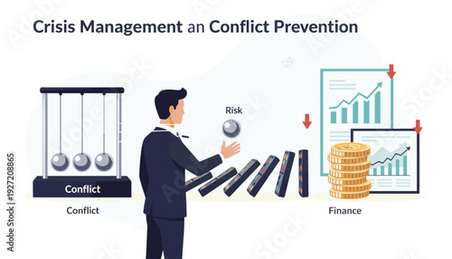 Crisis Management and Conflict Prevention Concept with Businessman Stopping Newton's Cradle Ball to Prevent Domino Effect on Finance, Risk Mitigation, and Business Strategy Vector Illustration.