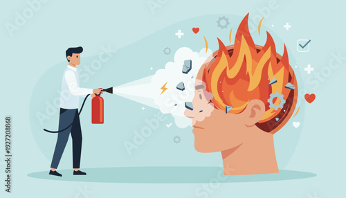 Mental Health Concept Illustration of a Man Using a Fire Extinguisher to Cool Down a Burning Human Head Symbolizing Stress Relief, Burnout Prevention, Anger Management, and Psychological Therapy.