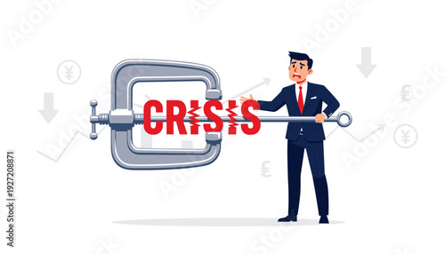 Businessman in Suit Using a Large Metal Clamp to Crush the Word Crisis, Symbolizing Effective Crisis Management, Overcoming Economic Challenges, Financial Pressure, and Problem Solving Strategy.