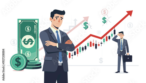 De-dollarization Crisis and Economic Bankruptcy Concept with Concerned Businessman, Falling US Currency Value, Inflation, and Stock Market Volatility in Global Trade and Finance Illustration