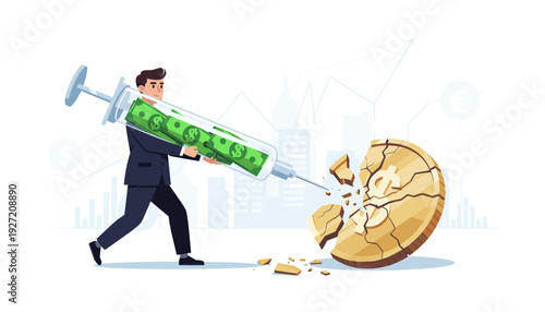 Businessman Injecting Cash into a Broken Economy with a Large Syringe Filled with Money, Concept of Economic Stimulus, Monetary Policy, Financial Crisis Recovery, and Market Stabilization