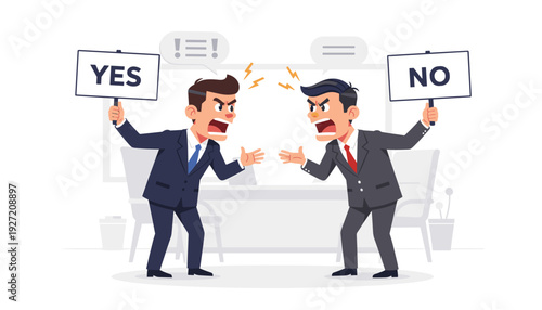 Angry businessmen in suits having a heated argument and shouting at each other in the office, holding yes and no signs, representing conflict of interest, dispute, and difference of opinion.