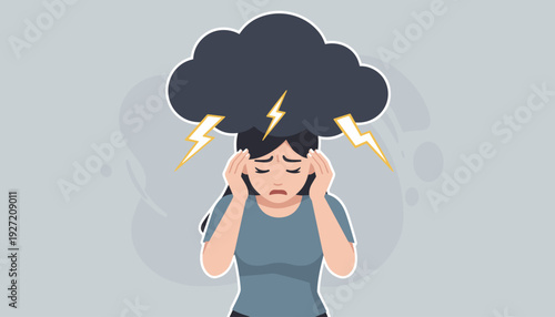 Stressed and Upset Woman with a Dark Storm Cloud and Lightning over Her Head, Anxiety and Stress Concept, Negative Thoughts, Mental Health Issues, Depression, and Emotional Burnout Illustration