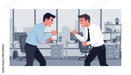 Two angry businessmen in formal shirts facing each other in a fierce confrontation at a modern office. Workplace conflict, professional rivalry, competition, and aggressive corporate behavior.