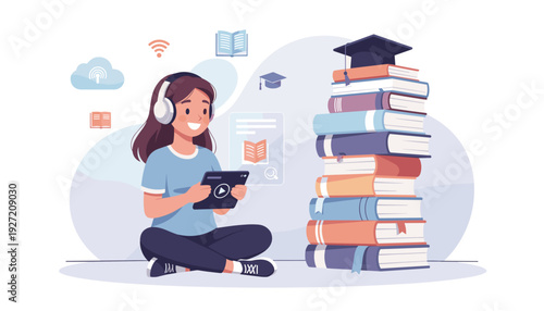 Young woman sitting on floor with headphones and tablet listening to audiobooks next to a tall stack of books with a graduation cap, concept of online education, e-learning, and digital study.