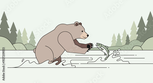 Vector illustration of a brown bear catching a salmon jumping out of the river in a forest setting with a flat design