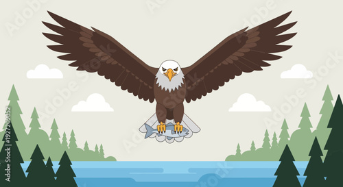 Bald eagle flying over lake carrying fish in talons vector illustration flat design style; wildlife art for nature posters and conservation projects
