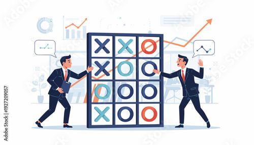 Business Strategy and Competition Concept with Two Professional Businessmen Playing a Large Tic-Tac-Toe Game, Representing Strategic Decision Making, Planning, and Corporate Rivalry Illustration.