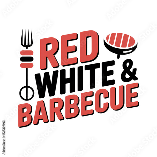 Vibrant logo for red white  barbecue with grill and utensil icons Vector, illustration