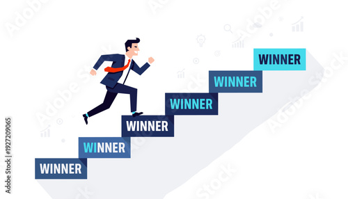 Businessman in a suit running up stairs labeled winner, representing business success, career growth, competition, achievement, and motivation to reach the top in a professional environment.