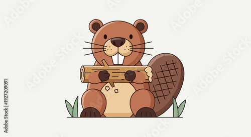 Cartoon beaver holding log in paws vector illustration; cute rodent with brown fur and tail sitting with wood; flat design style