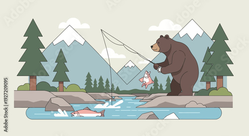 Brown bear fishing in mountain river landscape with trees and snowy peaks in flat vector cartoon illustration; ideal for nature and wildlife designs