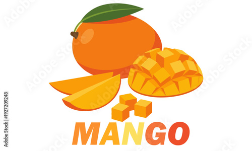 Fresh Ripe Mango Vector Illustration Featuring Whole Fruit with Green Leaf, Sliced Wedges, and Diced Cubes with Bold Stylish MANGO Typography Text Isolated on White Background for Food Design Assets.