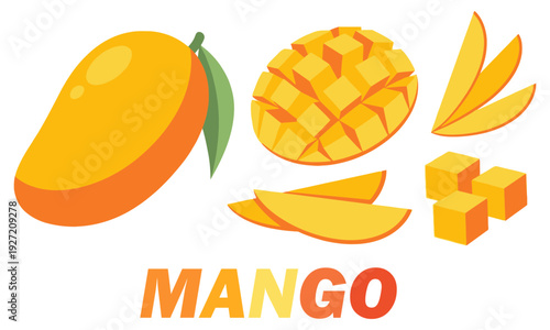 Fresh Ripe Mango Vector Illustration Featuring Whole Fruit with Green Leaf, Sliced Wedges, and Diced Cubes with Bold Stylish MANGO Typography Text Isolated on White Background for Food Design Assets.