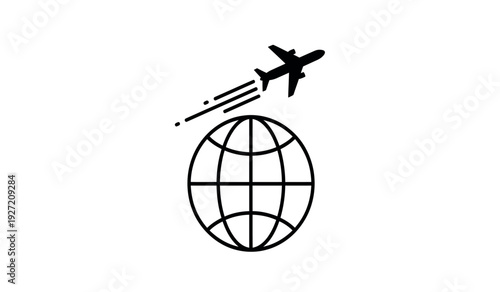 A black line art illustration of a globe with an airplane flying around it in a simple style