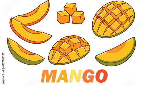 Fresh Ripe Mango Vector Illustration Featuring Whole Fruit with Green Leaf, Sliced Wedges, and Diced Cubes with Bold Stylish MANGO Typography Text Isolated on White Background for Food Design Assets.