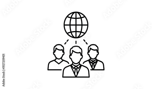 A line drawing of three people with a globe above them representing global teamwork and communication
