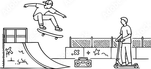 Dynamic line art illustration of a skateboarder mid-air over a ramp at a vibrant skatepark, with a friend on a scooter. The mood is energetic and youthful.