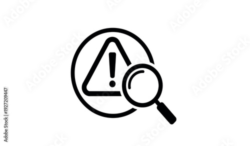Black and white illustration of a magnifying glass examining a warning sign