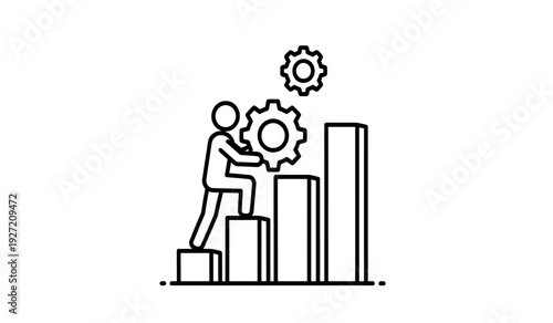A person adjusting a large gear above bar graph on to signify business strategy and growth