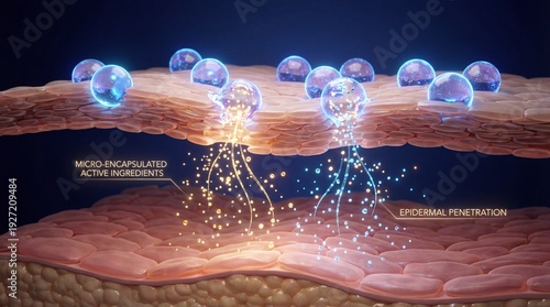 Skin structure visualization with encapsulated active ingredients and epidermal penetration digital illustration
