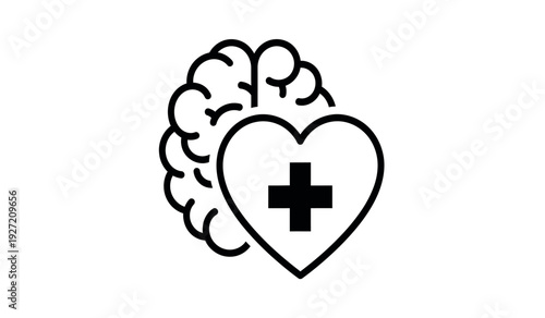 A black line drawing of a brain with a heart containing a medical cross symbol inside it