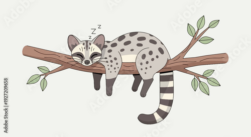 Sleeping African Genet Illustration: Cute Spotted Genet Resting on Branch with Green Leaves in Vector Flat Style for Children's Design