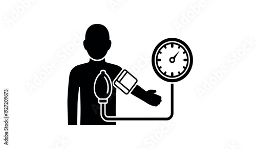 A black silhouette of a person with a blood pressure cuff on their arm and a gauge