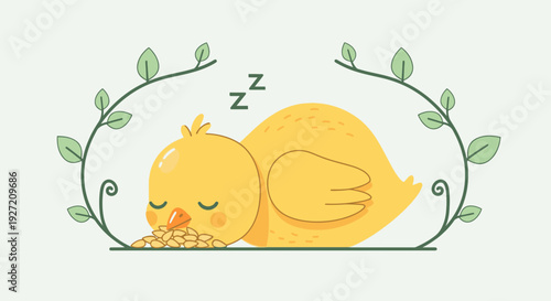 Cute cartoon yellow chick sleeping on grain surrounded by leafy vines in vector flat illustration style for graphic design projects