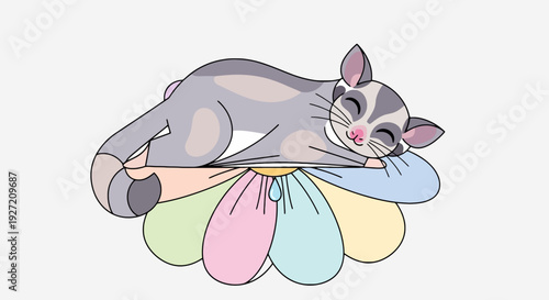 Adorable sugar glider sleeping peacefully on a colorful flower in a cute vector style illustration for children's designs