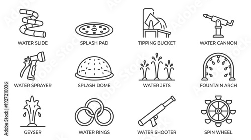 "Water Play Features Vector Illustration Set, Splash Pad Icons, Water Park Equipment, Fun Interactive Elements, Slides, Fountains, Sprayers, Buckets, Jets, Creative Vector Artwork"