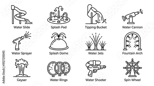 "Water Play Features Vector Illustration Set, Splash Pad Icons, Water Park Equipment, Fun Interactive Elements, Slides, Fountains, Sprayers, Buckets, Jets, Creative Vector Artwork"